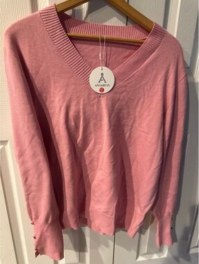 Anrabess Pink V-Neck Sweater with Gold Button Cuffs Size 2XL